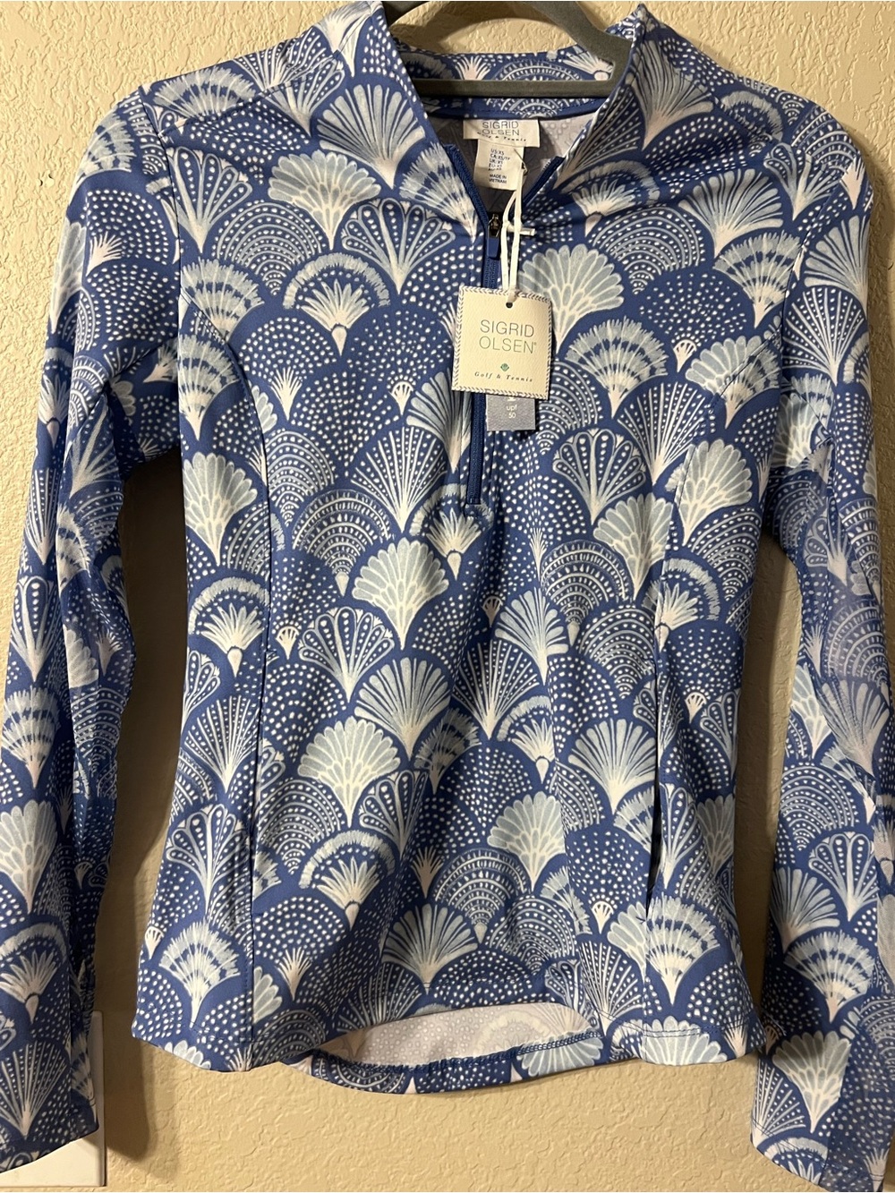Sigrid Olsen Blue and White Printed Cowl Neck Sweater